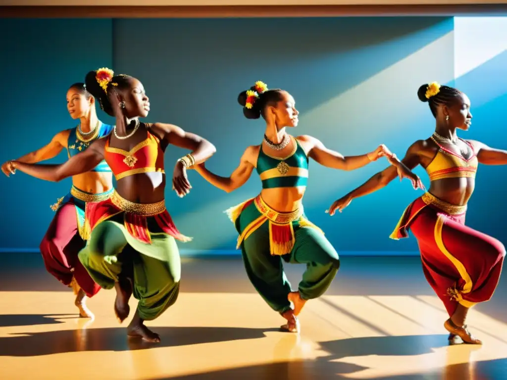 Grupo de bailarines en trajes tradicionales practicando en un estudio soleado, destacando la nutrición y flexibilidad en danza tradicional