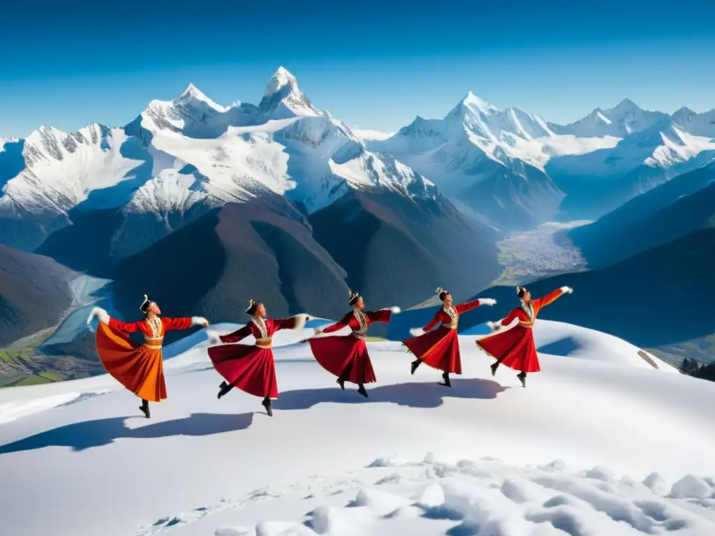 Grupo de bailarines en trajes tradicionales danzando con gracia frente a montañas nevadas