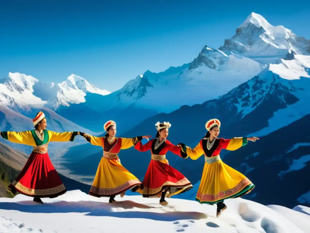 Grupo de bailarines con trajes tradicionales danzando en las alturas, fusionando cultura y naturaleza con gracia y fuerza