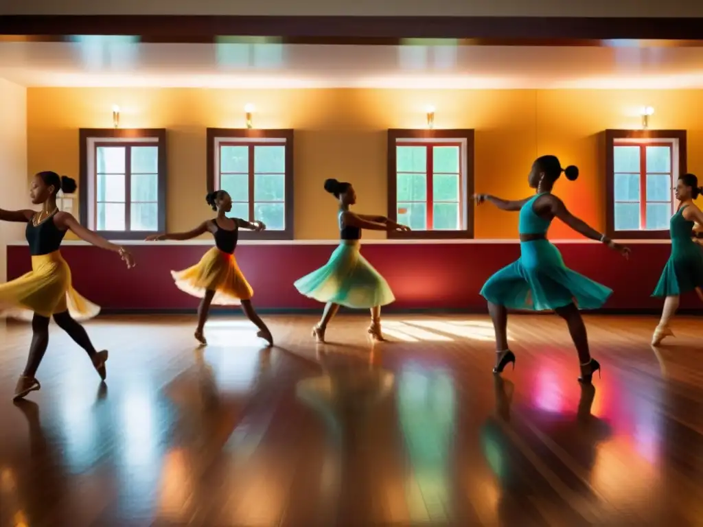 Grupo de bailarines en trajes tradicionales adaptando entrenamiento danzas tradicionales en estudio de baile vibrante y dinámico