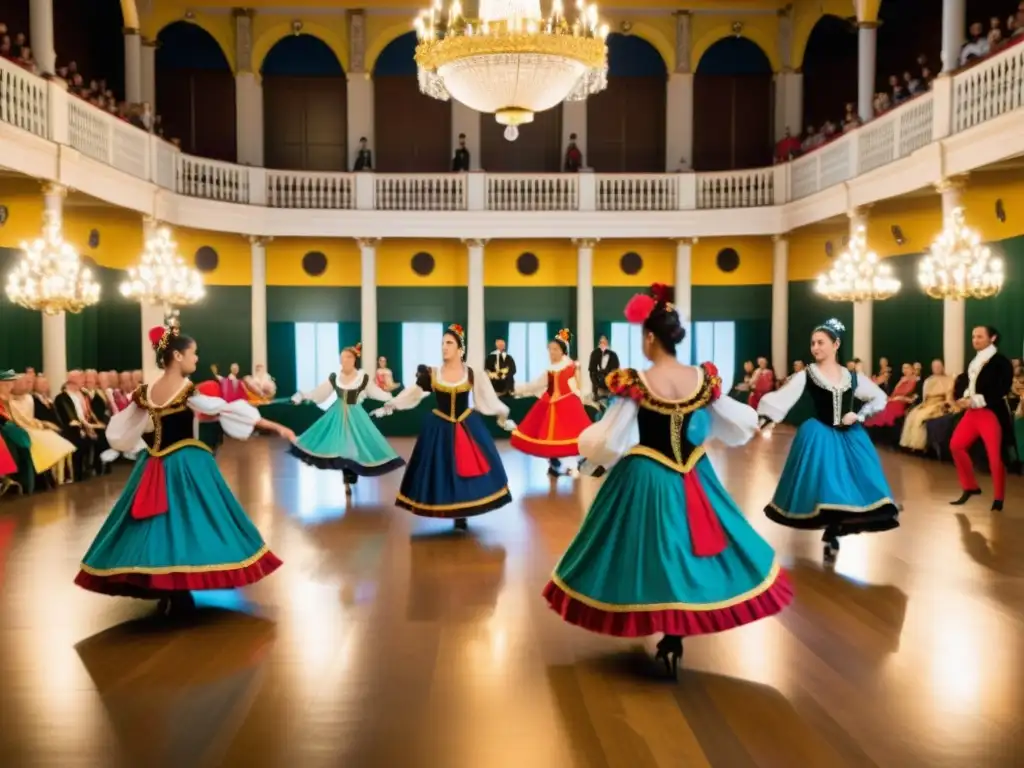 Un grupo de bailarines en trajes tradicionales del siglo XVIII ejecutando la contradanza