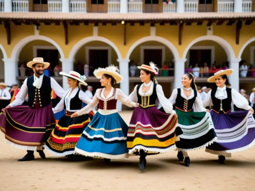 Grupo de bailarines en trajes tradicionales de contradanza en una animada plaza de un pueblo europeo