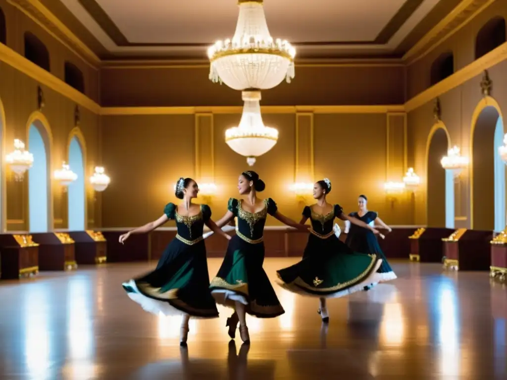 Grupo de bailarines en trajes tradicionales europeos realizando la contradanza en un elegante salón de baile