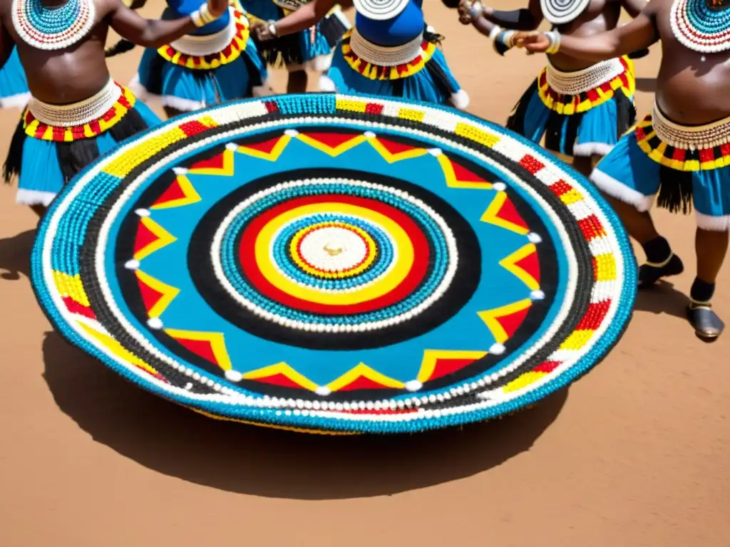 Grupo de bailarines Zulu en trajes tradicionales realizando la danza Zulu en Sudáfrica, rodeados de espectadores con expresiones de asombro