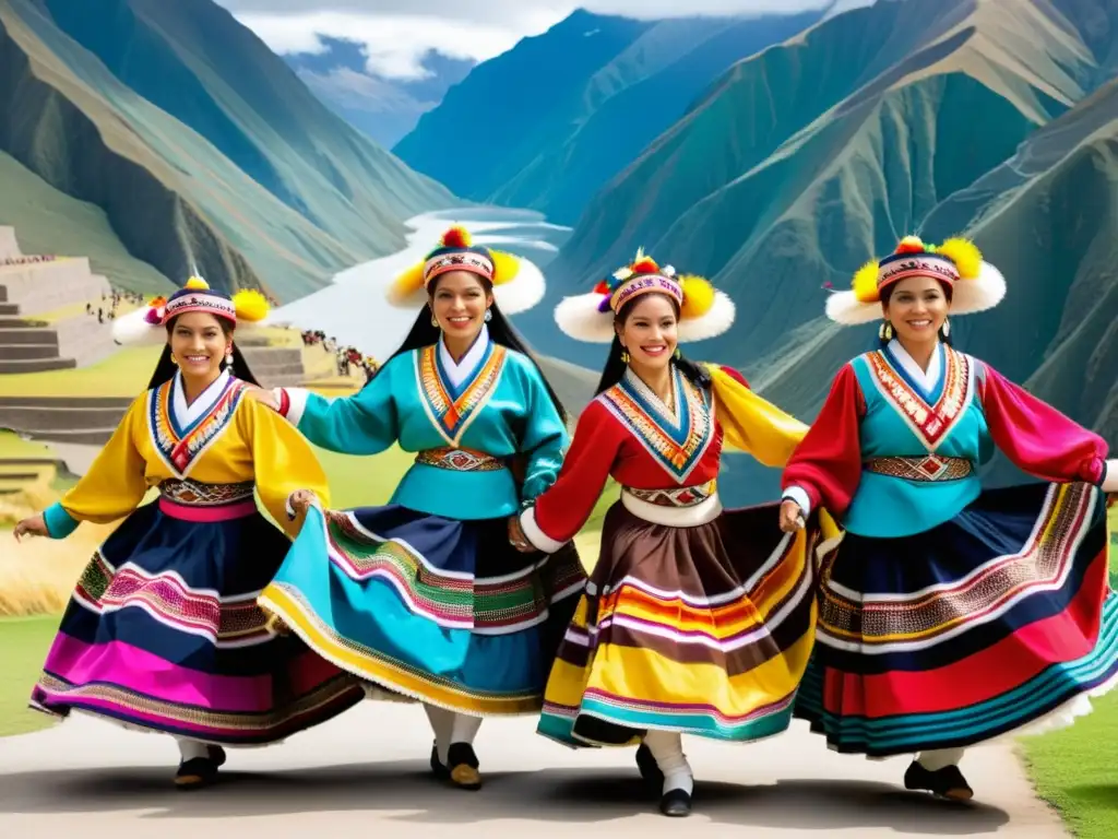 Grupo de bailarines en trajes tradicionales peruanos, realizando la danza Huaylarsh en un paisaje montañoso, expresando significado cultural y moderno