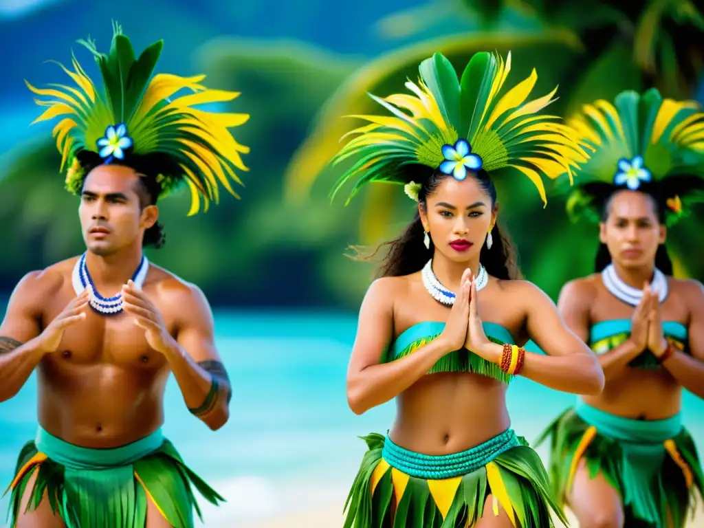 Un grupo de bailarines en trajes tradicionales de las Islas Cook realizando una danza ceremonial, con expresiones intensas y significado cultural