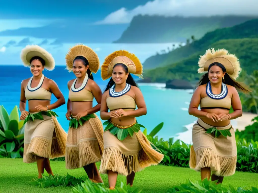 Grupo de bailarines con trajes tradicionales Pate Pate Tokelau, danzando frente a un paisaje exuberante