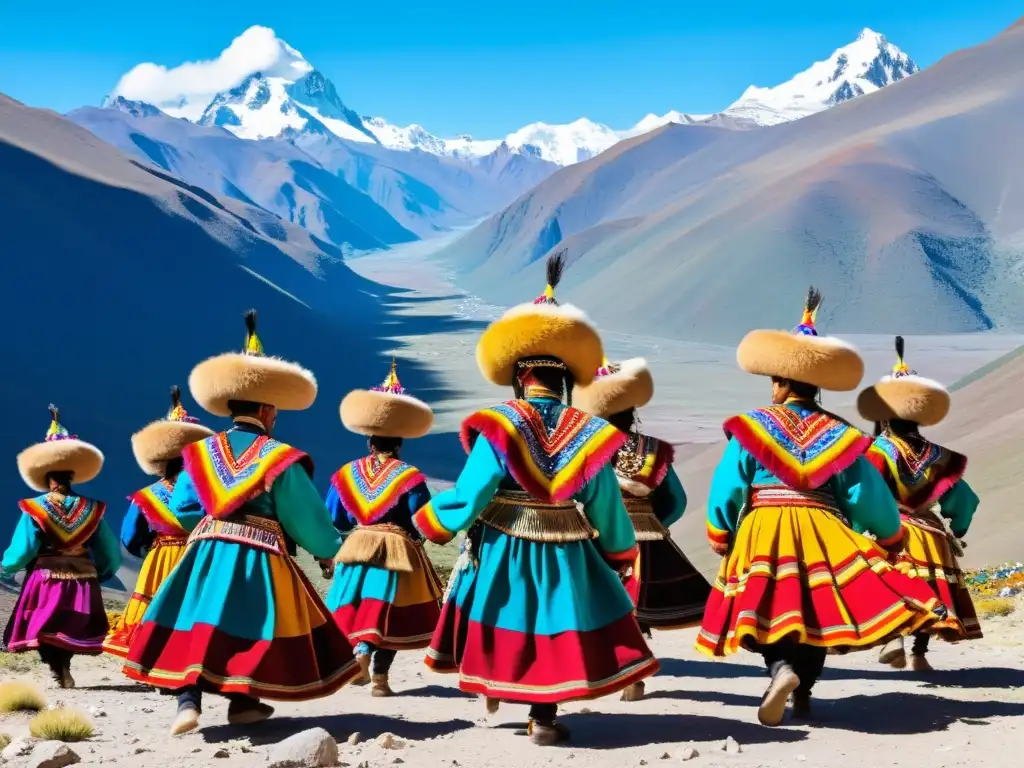 Grupo de bailarines Aymara con trajes tradicionales danzando en las montañas de Bolivia, mostrando el significado cultural de la danza Aymaras Bolivia