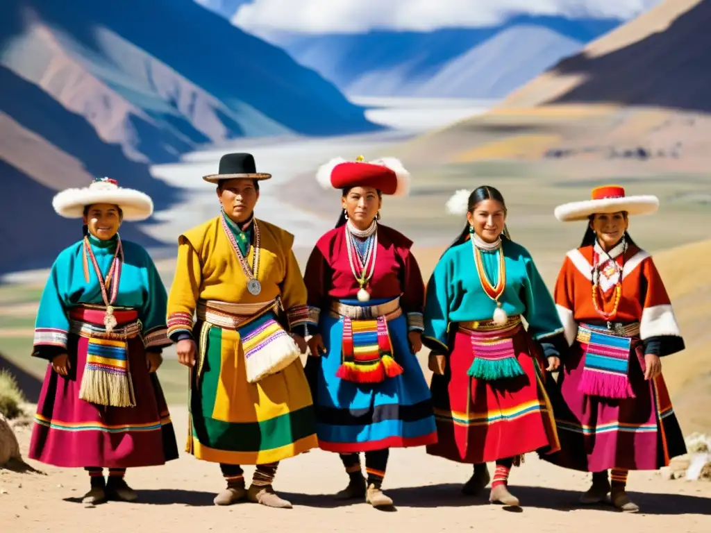 Grupo de bailarines Aymara en trajes tradicionales, danza vibrante en los Andes bolivianos, significado cultural danza Aymaras Bolivia