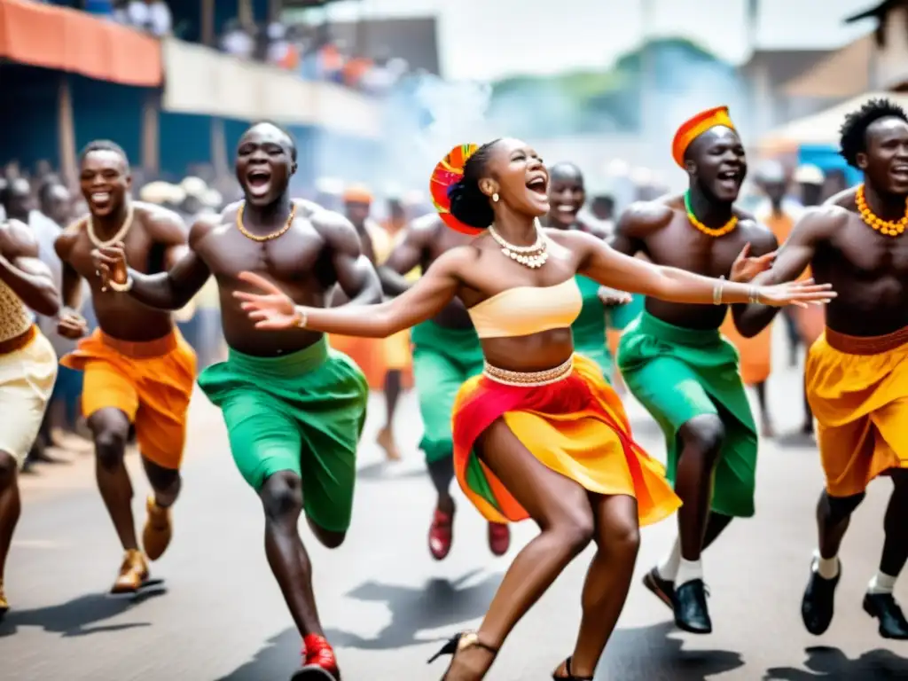 Grupo de bailarines en trajes tradicionales de Costa Marfil danzando al ritmo de la Coupé Décalé, rodeados de una multitud animada