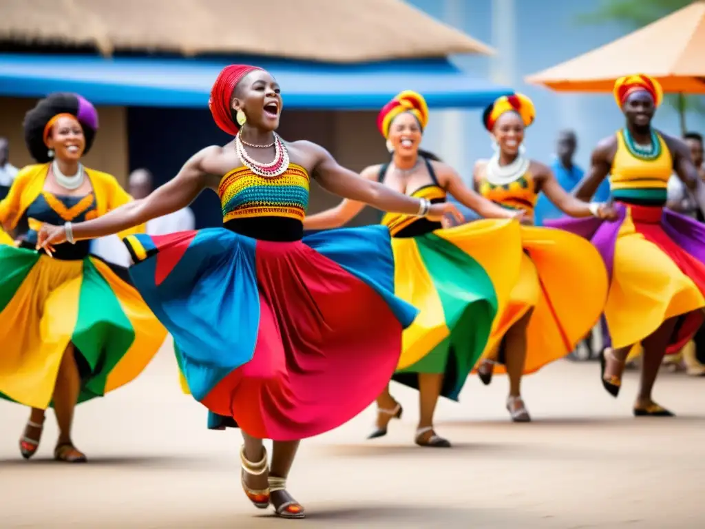 Un grupo de bailarines vistiendo trajes tradicionales africanos, danzando al ritmo de la música Coupé Décalé