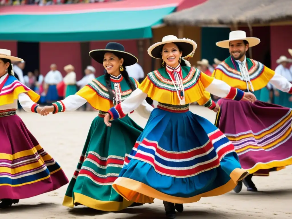 Un grupo de bailarines en trajes tradicionales peruanos y chilenos bailando la Zamacueca en una animada plaza