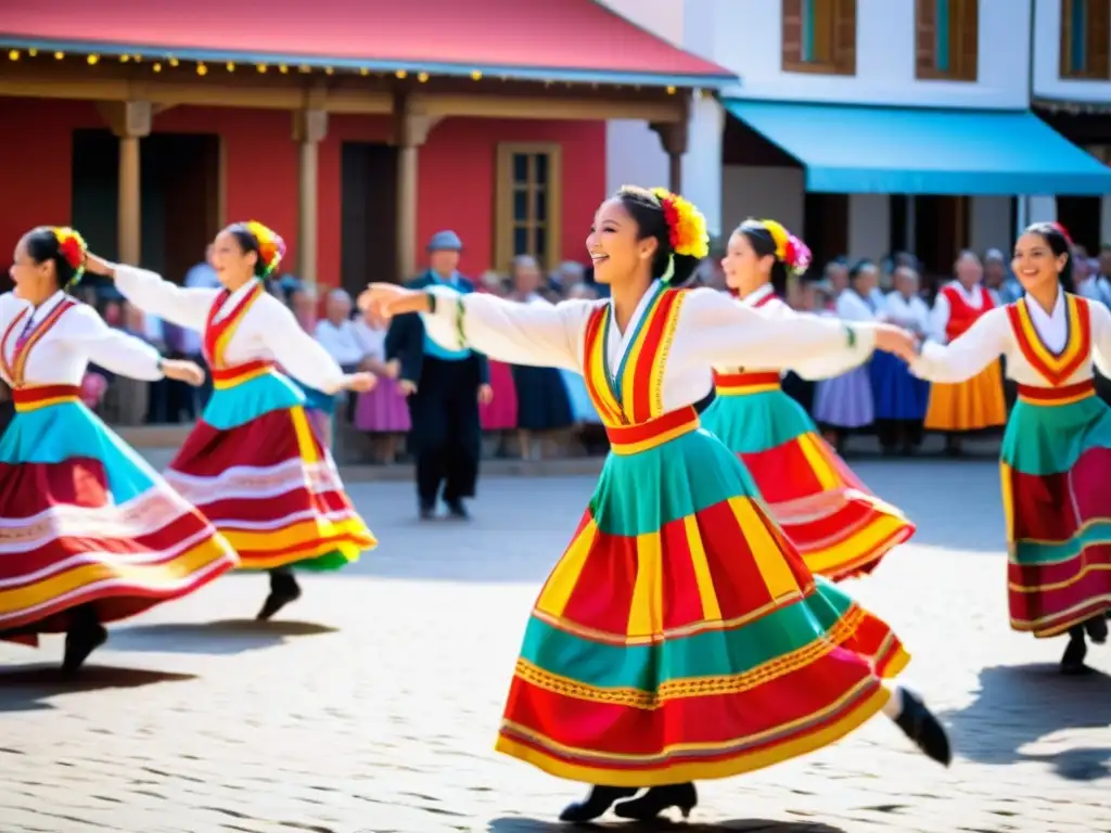 Grupo de bailarines en trajes tradicionales ejecutando una animada danza folclórica en una plaza vibrante