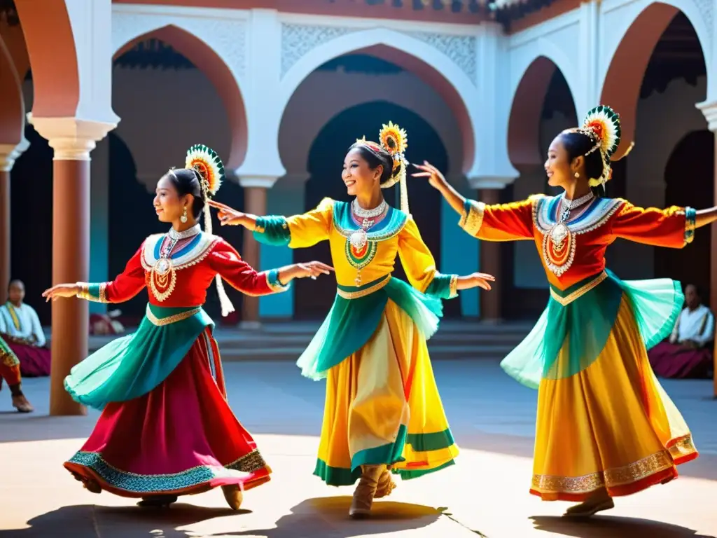 Grupo de bailarines en trajes tradicionales realizando danza en un patio soleado