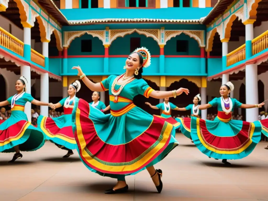 Grupo de bailarines en trajes tradicionales realizando una rutina sincronizada con música en vivo, integrando música en danzas tradicionales