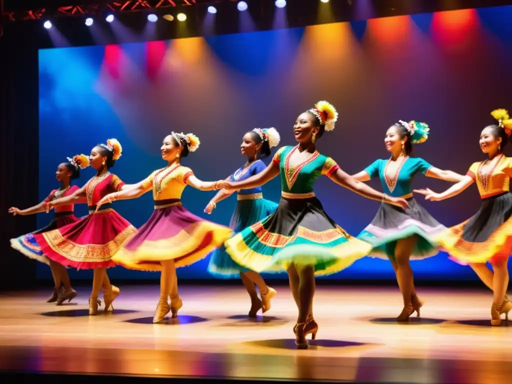 Grupo de bailarines en trajes tradicionales de todo el mundo, realizando una rutina dinámica en un escenario iluminado