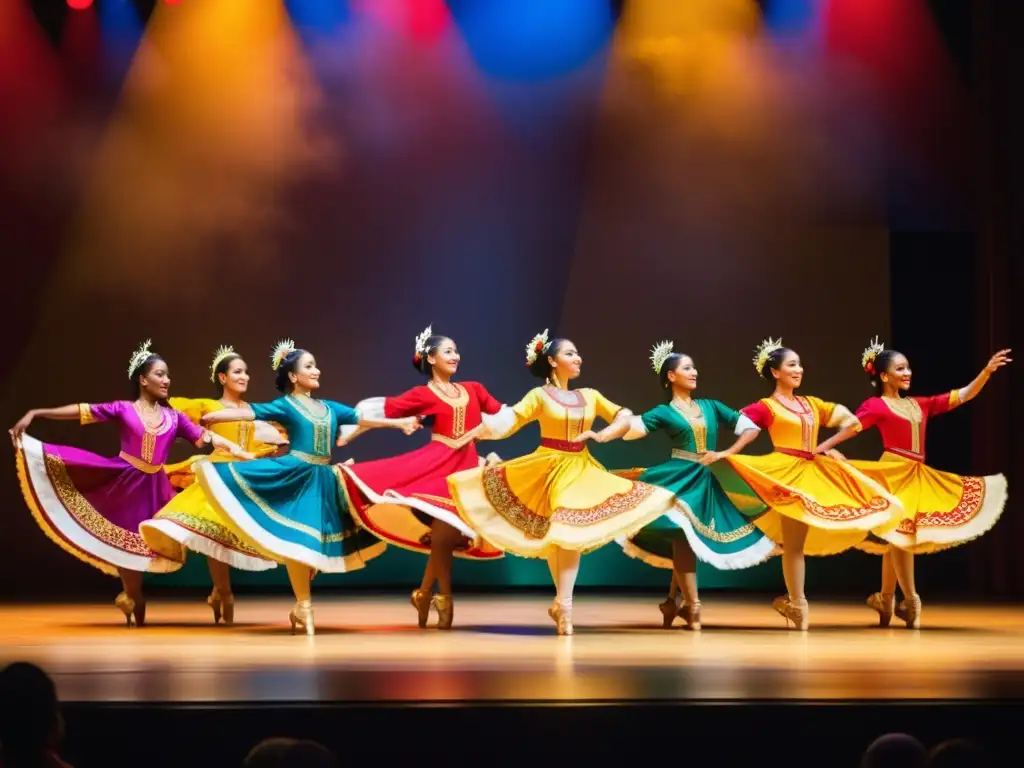 Un grupo de bailarines con trajes tradicionales de diversas culturas ejecutan una danza sincronizada en un escenario