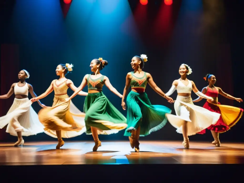 Grupo de bailarines con trajes tradicionales de diferentes culturas, moviéndose en armonía en un escenario vibrante