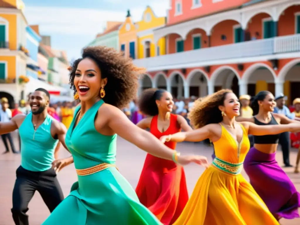 Grupo de bailarines en trajes tradicionales realizando una enérgica rutina de salsa en una bulliciosa plaza, con espectadores aplaudiendo