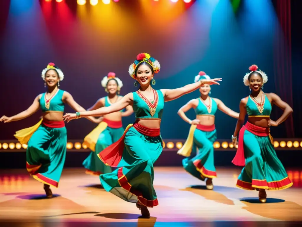 Grupo de bailarines en trajes tradicionales danzando en un escenario vibrante, con la biblioteca musical danzas del mundo como fondo, representando la diversidad cultural y la energía dinámica de las danzas del mundo