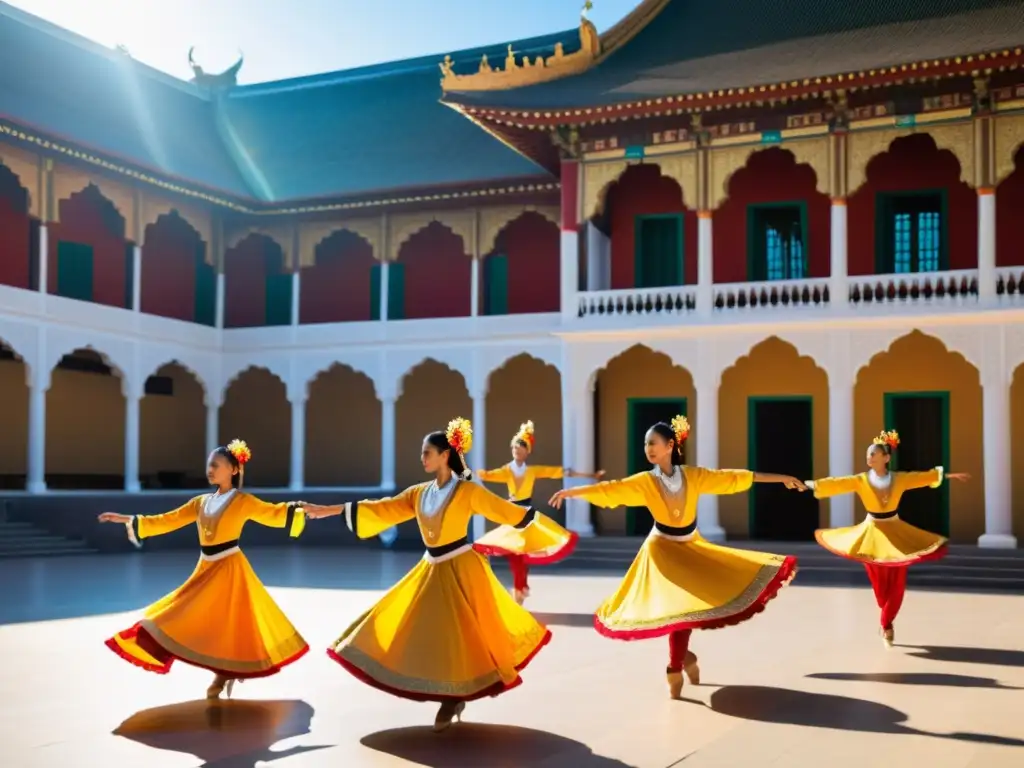 Grupo de bailarines en trajes tradicionales realizan una danza sincronizada en un patio soleado mientras espectadores disfrutan