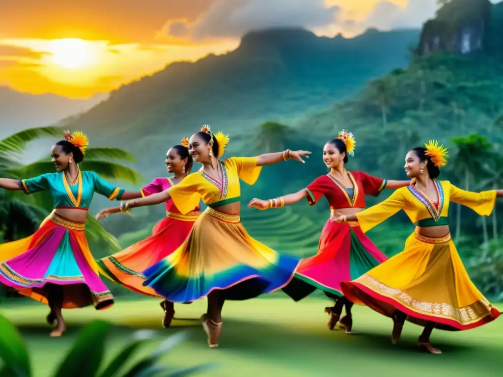 Grupo de bailarines en trajes tradicionales, danza energética con música auténtica para danzas exóticas, atardecer tropical