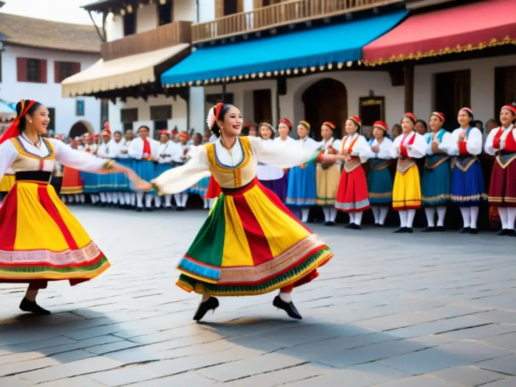 Un grupo de bailarines en trajes tradicionales realiza una danza vibrante en una animada plaza, preservando tradiciones a través de Facebook