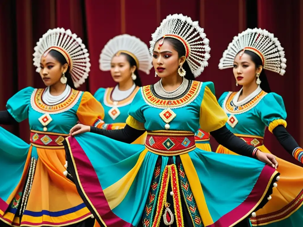 Danza tradicional: Movimiento y color en armonía Grupo de bailarines con trajes tradicionales coloridos y detallados, en movimiento armonioso