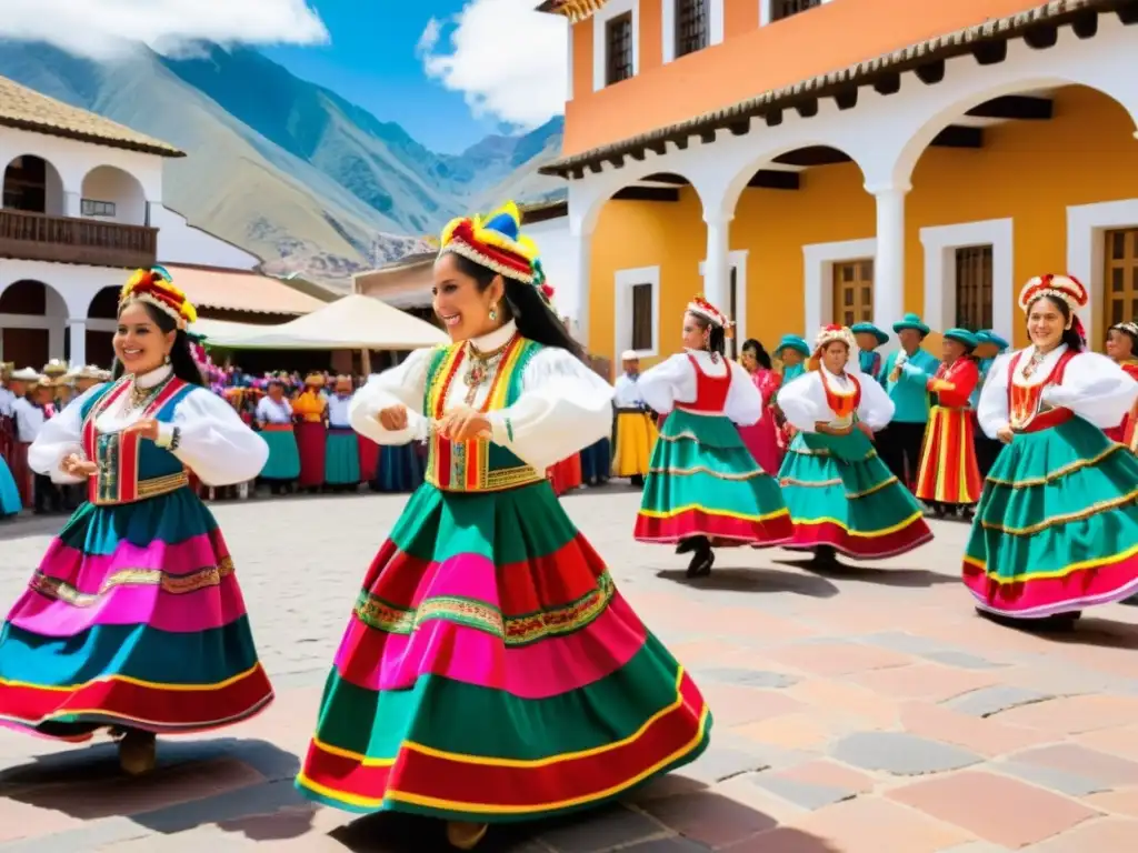 Un grupo de bailarines en trajes tradicionales de Perú y Chile realizando la danza Zamacueca en una plaza vibrante y animada