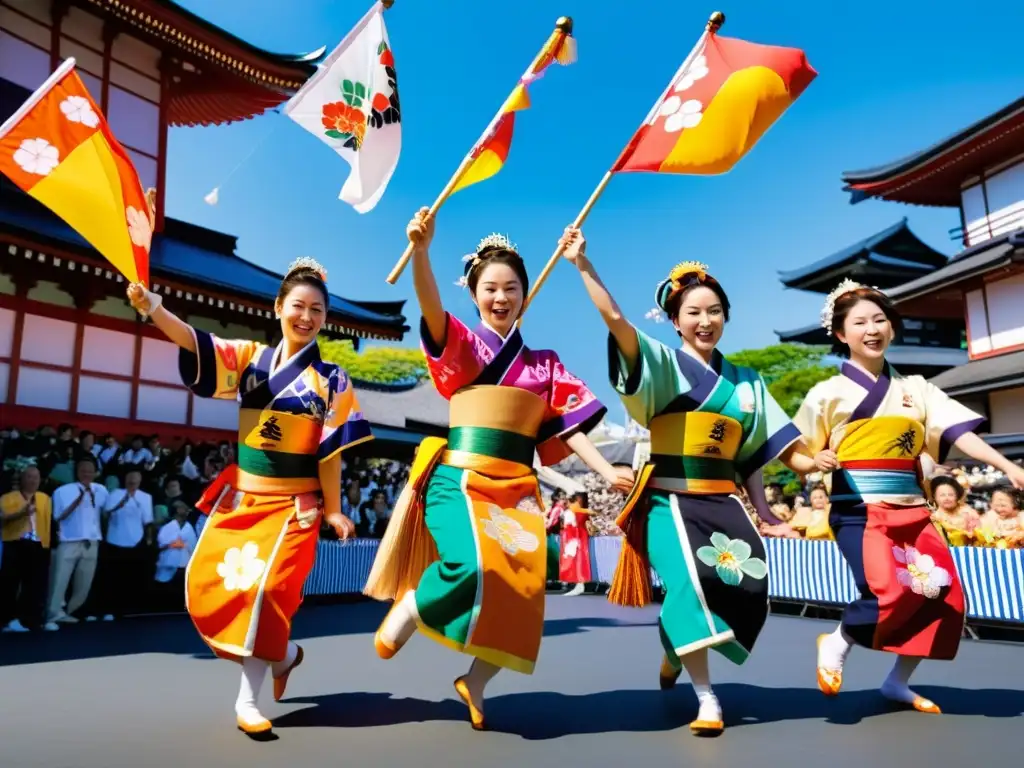 Grupo de bailarines con trajes tradicionales yosakoi en salto, sosteniendo banderas coloridas en un festival japonés