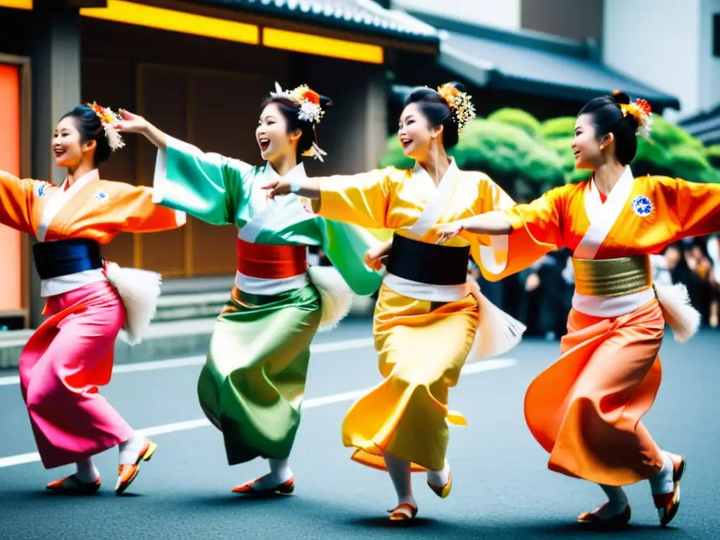 Grupo de bailarines de Yosakoi en Tokio, con trajes tradicionales japoneses, ejecutando la dinámica danza de grupo Yosakoi