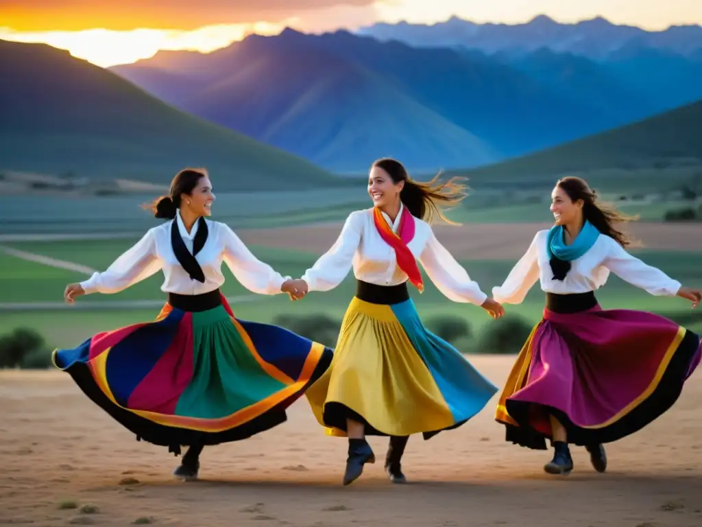 Un grupo de bailarines en trajes tradicionales gauchos danzan al ritmo del chamamé, con faldas coloridas y pañuelos ondeando