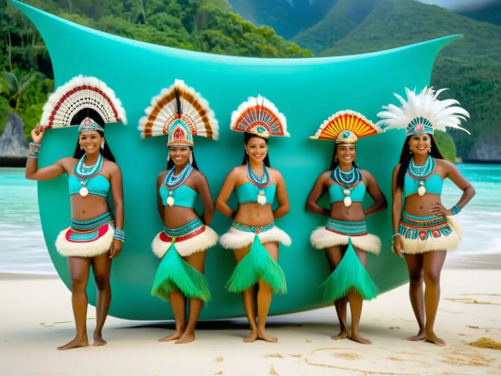 Grupo de bailarines en trajes tradicionales junto a canoas talladas en la playa de Islas Salomón, listos para la Danza del Canoa