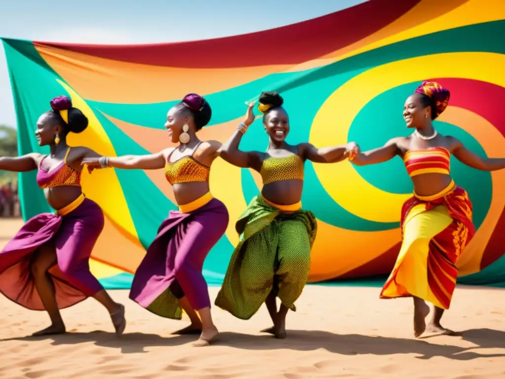 Grupo de bailarines en trajes tradicionales de África Occidental, realizando una danza sincronizada y enérgica al aire libre