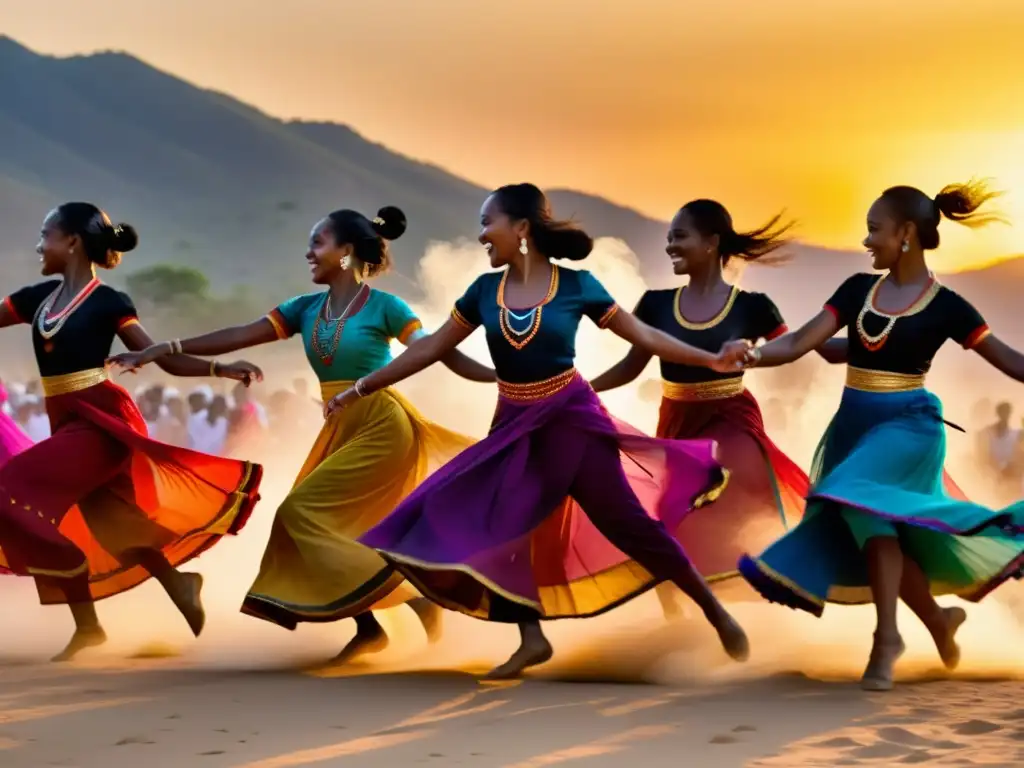 Un grupo de bailarines en trajes tradicionales de África Occidental realiza una animada danza en pareja, demostrando técnicas precisas y gracia