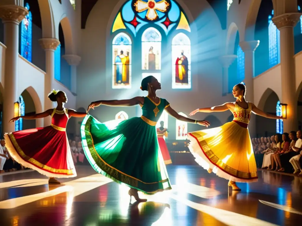 Grupo de bailarines en trajes tradicionales realizando danzas litúrgicas significado cultural en una iglesia ornada y soleada