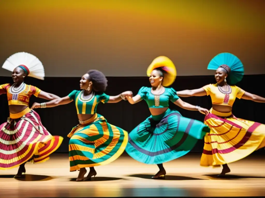 Un grupo de bailarines en trajes tradicionales de África Occidental ejecutan una danza sincronizada, mostrando la riqueza cultural y diversidad de las tradiciones