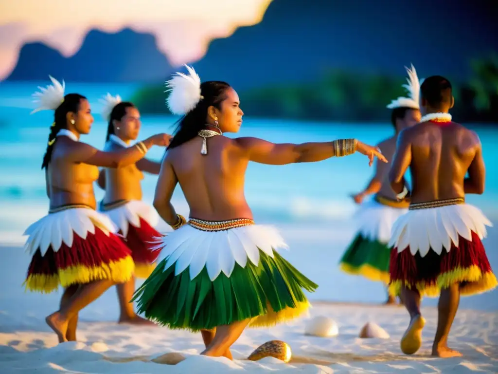 Grupo de bailarines de Kiribati con trajes tradicionales realizando el significativo Kiribati Buki en la playa al atardecer