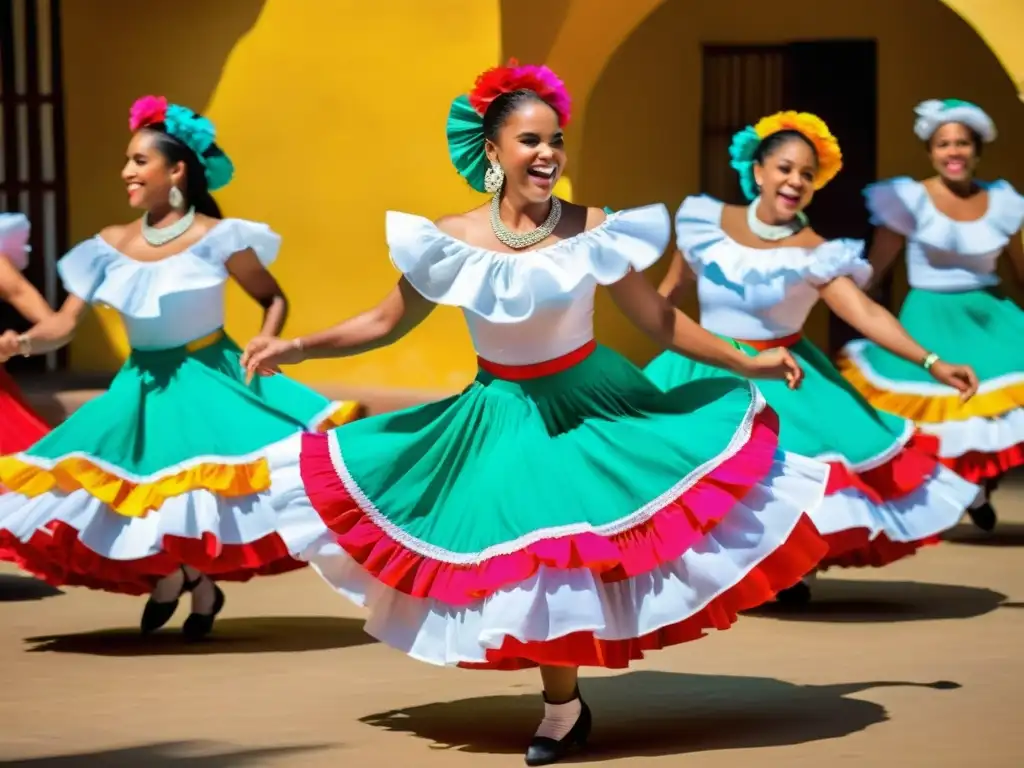 Grupo de bailarines con trajes tradicionales dominicanos danzando al ritmo del merengue, mostrando técnicas de baile de merengue dominicano con alegría y pasión en celebración vibrante