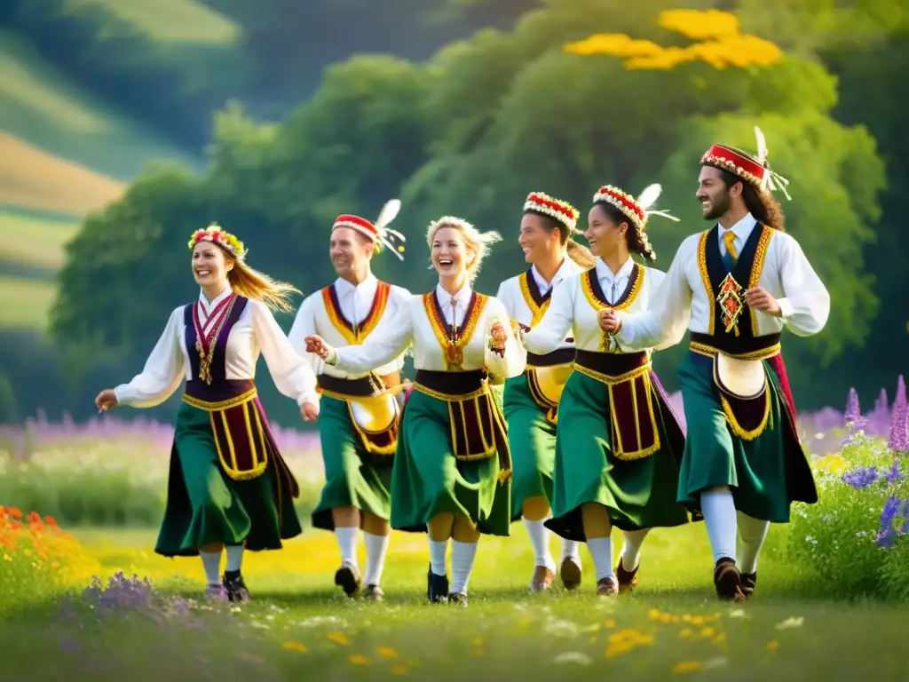 Grupo de bailarines Morris en trajes tradicionales, danzando en un prado verde rodeado de flores silvestres