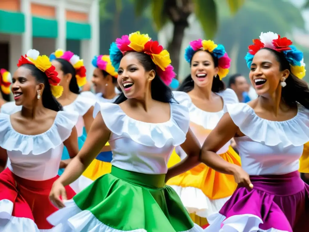 Grupo de bailarines en trajes tradicionales dominicanos, disfrutando de las técnicas de baile de merengue dominicano en una fiesta al aire libre llena de energía y color