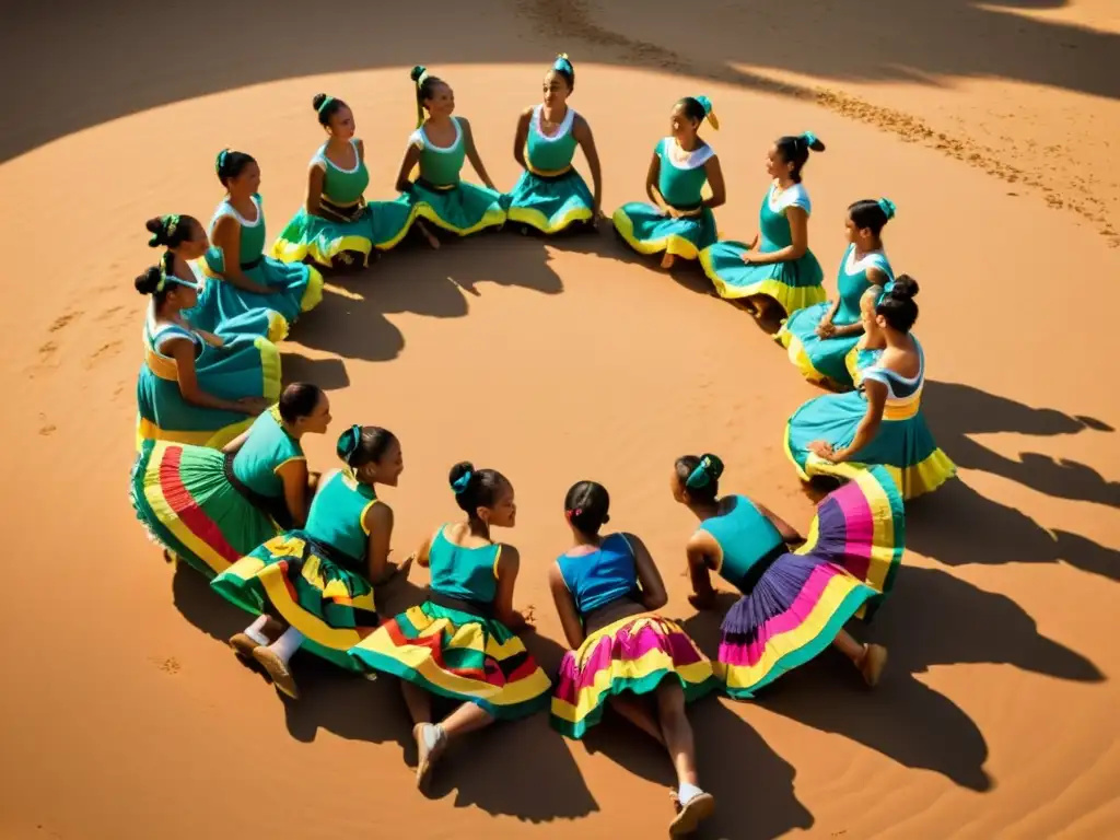 Baile de Xote: Elegancia al atardecer Un grupo de bailarines en trajes tradicionales del noreste brasileño, ejecutando los pasos básicos del Xote con gracia y precisión al atardecer