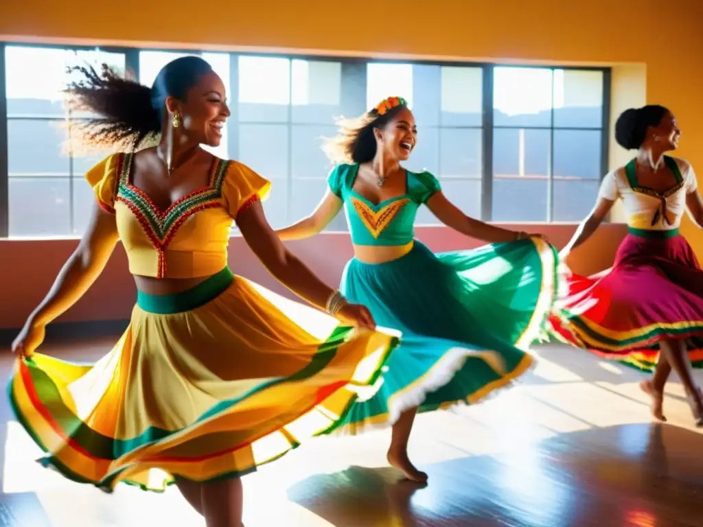 Baile de Xote Brasileño: Pasión y Colorido Grupo de bailarines vistiendo trajes tradicionales brasileños, bailando al ritmo del xote brasileño, creando un torbellino de color y energía cultural