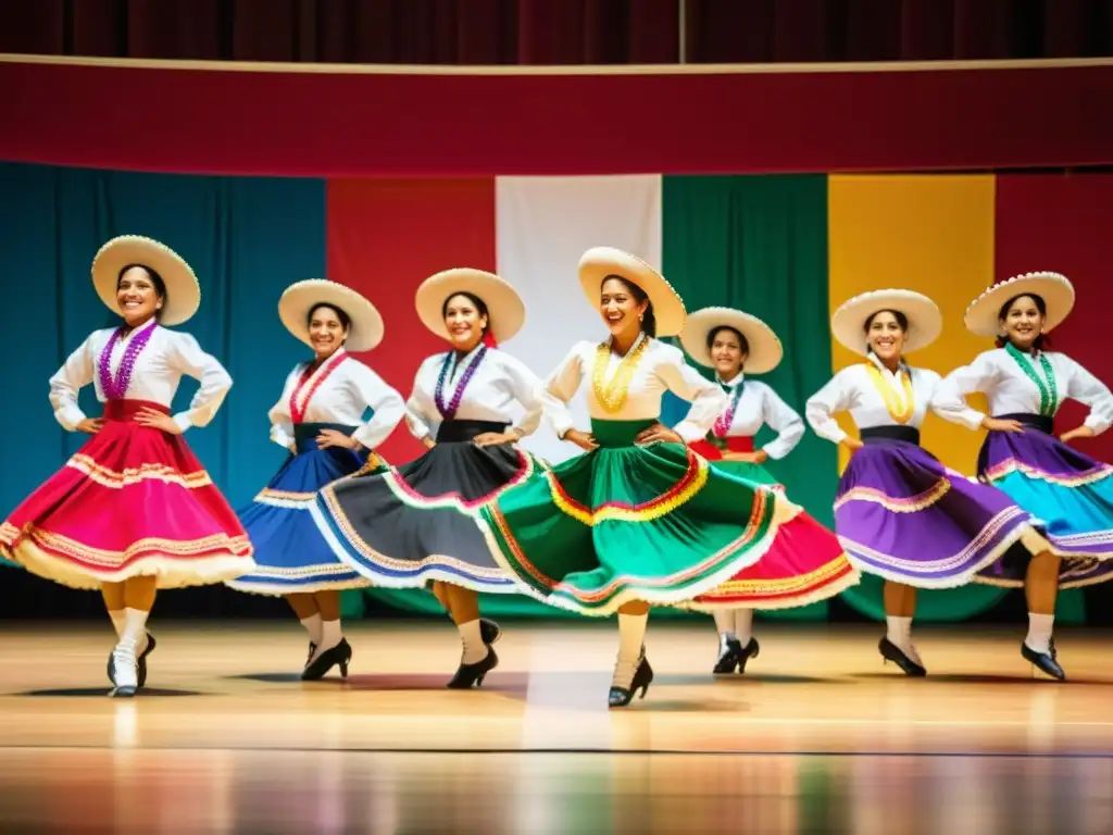 Un grupo de bailarines en trajes tradicionales mexicanos realizando zapateado en un escenario, transmitiendo la energía y pasión de la danza