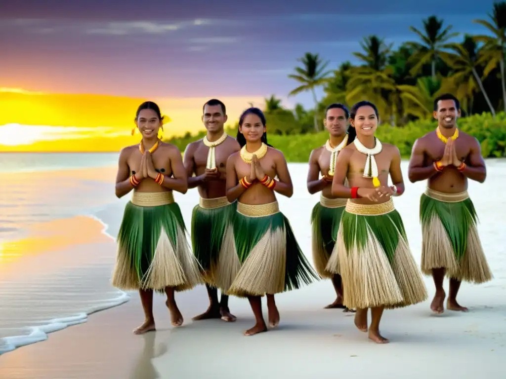 Grupo de bailarines de Kiribati con trajes tradicionales realizando una danza al atardecer en la playa