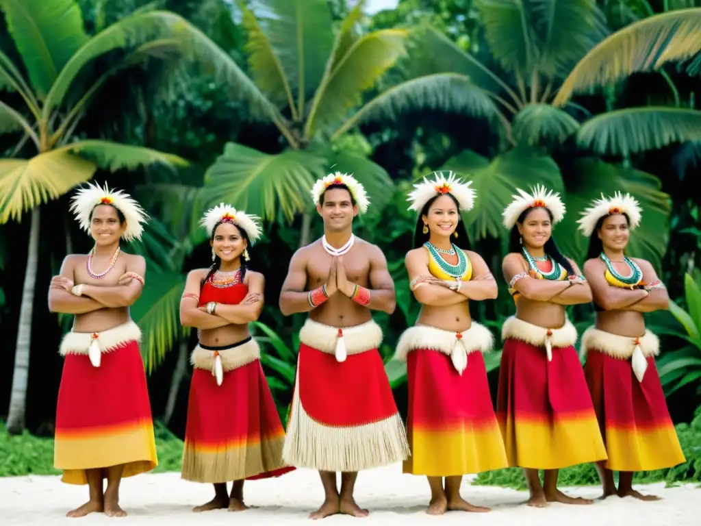 Grupo de bailarines de Kiribati con trajes tradicionales y accesorios