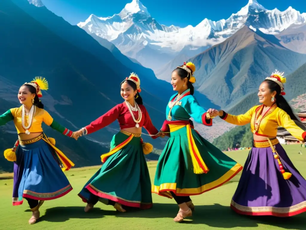 Un grupo de bailarines en trajes tradicionales de Nepal realiza una danza folclórica vibrante y enérgica con los imponentes Himalayas de fondo