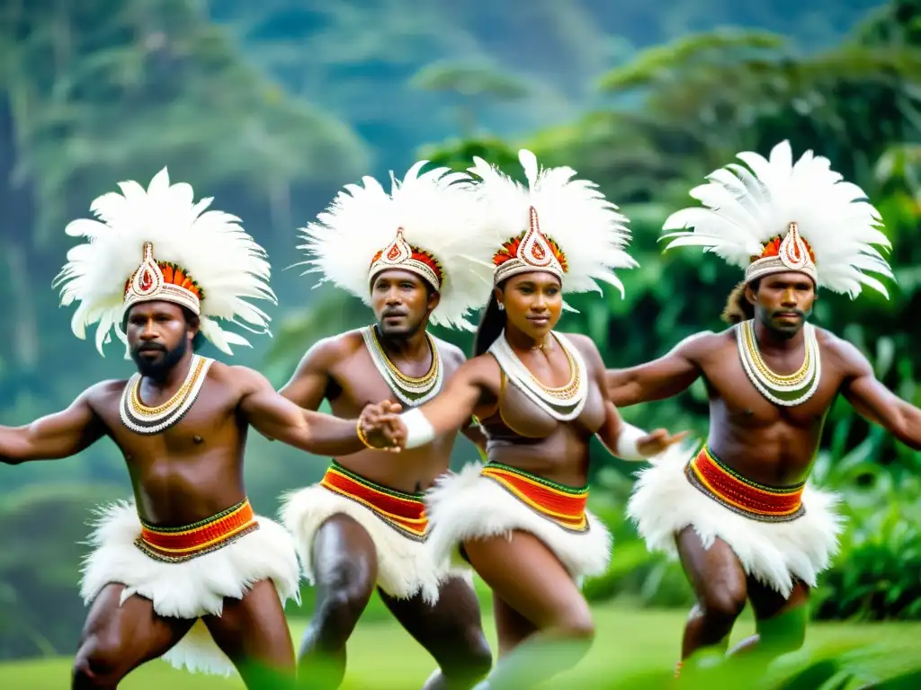 Grupo de bailarines Papua en trajes tradicionales, danza y significado cultural de adornos en Papua