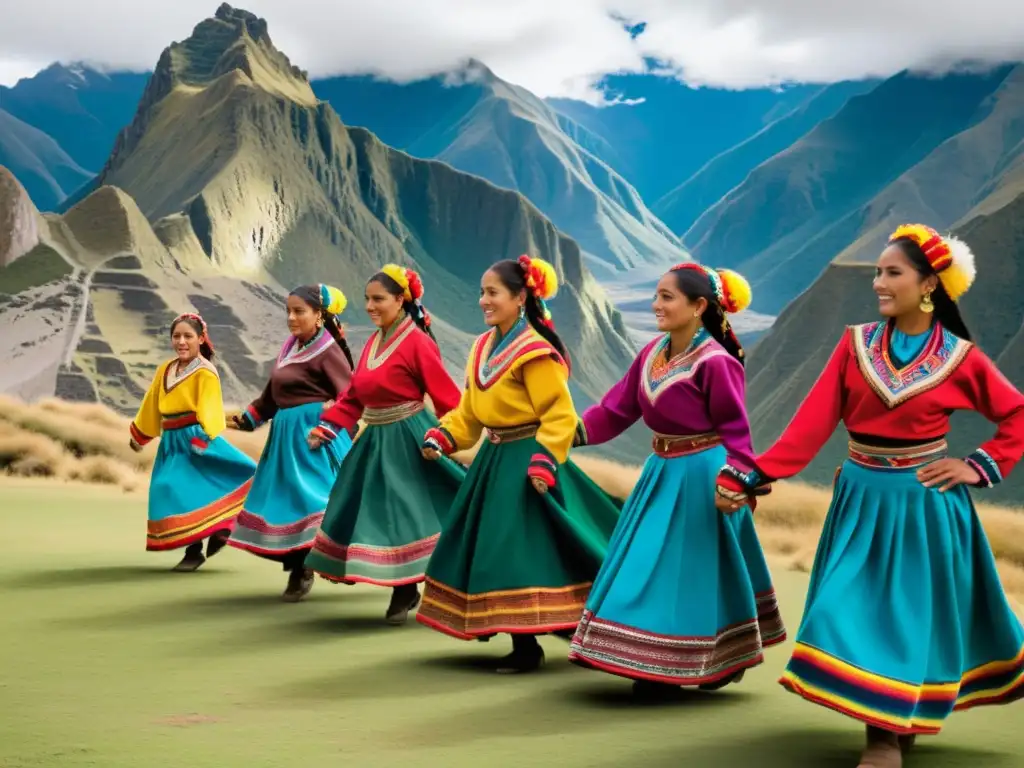 Un grupo de bailarines en trajes tradicionales andinos danzan en armonía con la naturaleza, transmitiendo la pasión y precisión de las danzas andinas