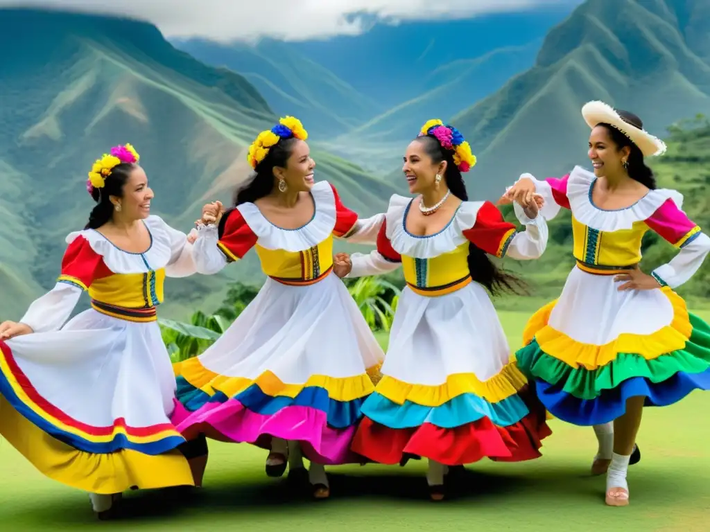 Grupo de bailarines en trajes tradicionales colombianos danzando la Cumbia entre la exuberante vegetación